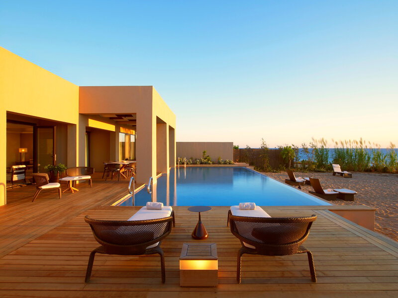 Poolside Lounge Area — Blue, Serene, Sunset, Photograph, Pool