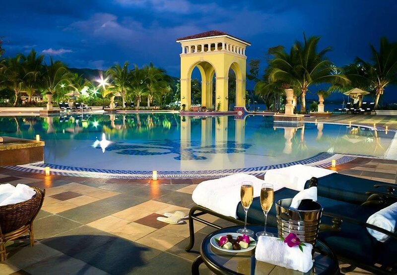 Poolside Lounge at Night — Blue, Serene, Photograph, Champagne