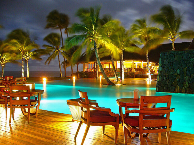 Poolside Lounge at Night — Blue, Serene, Photograph, Palm Trees
