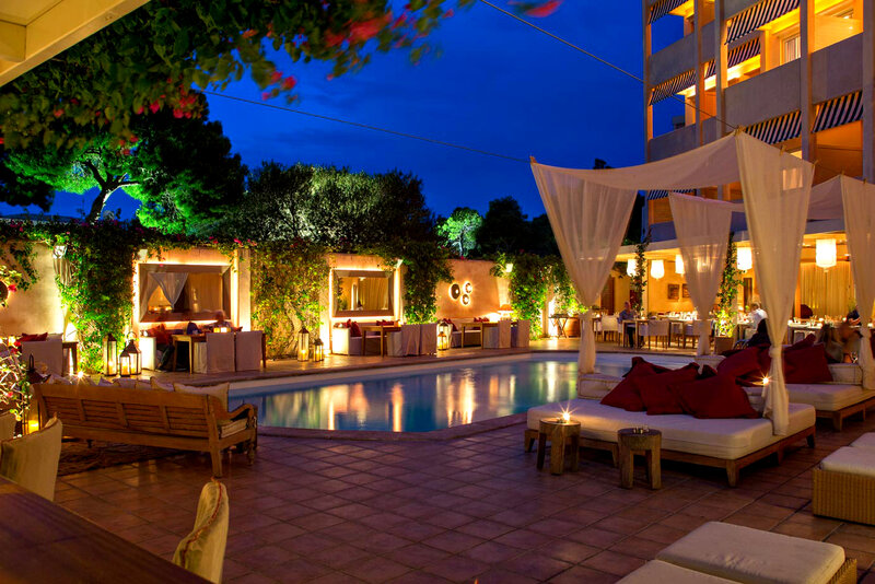 Poolside Lounge at Night — Blue, Serene, Photograph