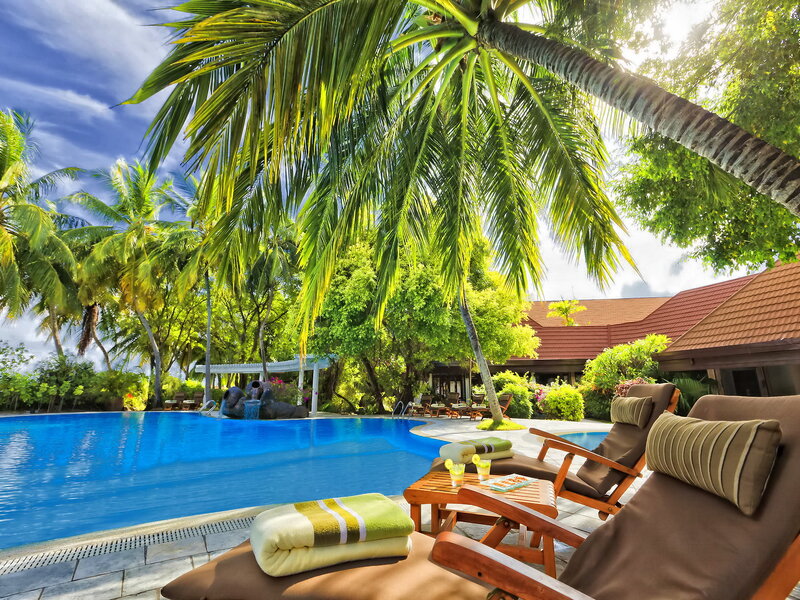 Poolside Lounge Chairs — Blue, Relaxed, Afternoon, Photograph