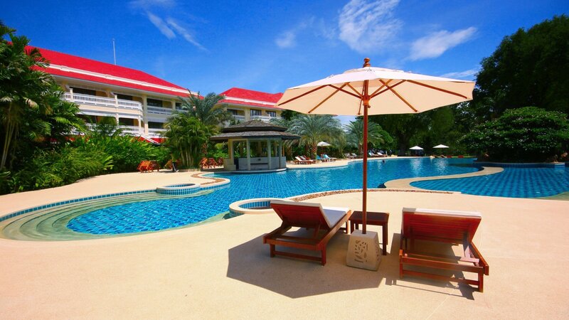 Poolside Lounge Chairs — Blue, Relaxed, Afternoon, Photograph, Umbrella, Swimming Pool