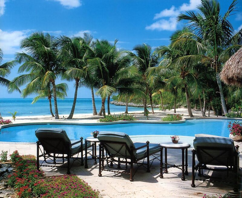 Poolside Lounge Chairs — Blue, Serene, Afternoon, Photograph, Palm Trees, Ocean, Flowers