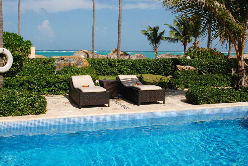 Poolside Lounge Chairs — Blue, Serene, Afternoon, Photograph