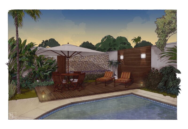 poolside patio at dusk