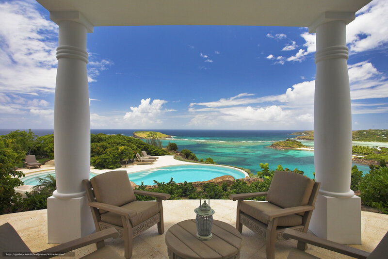 Poolside Patio View — Blue, Serene