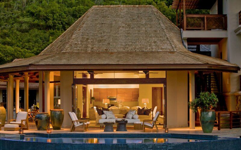 Poolside Pavilion at Night — Blue, Serene