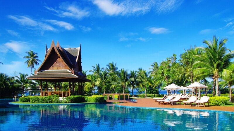 Poolside Pavilion with Lounge Chairs — Blue
