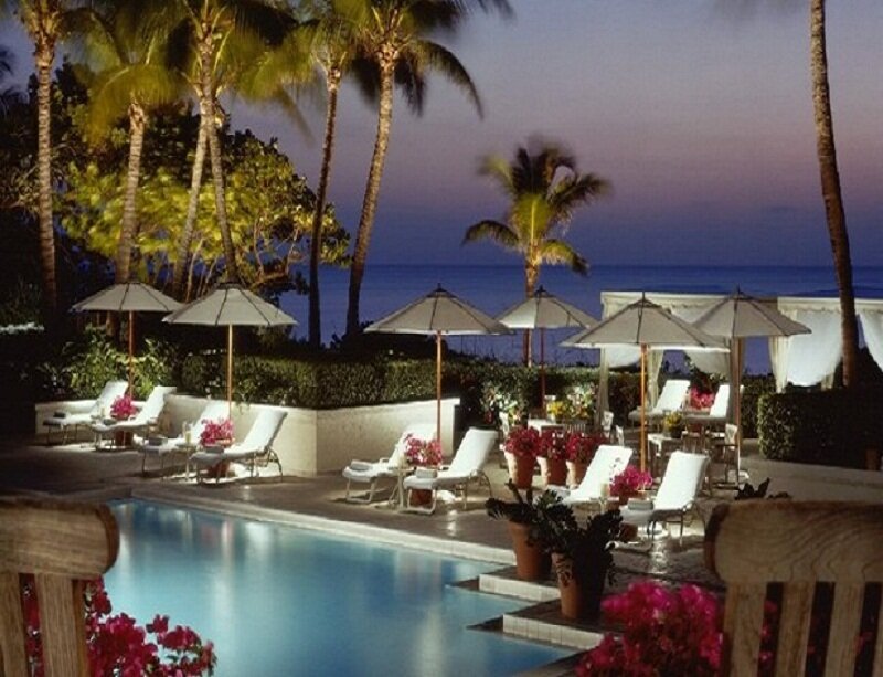 poolside resort at dusk