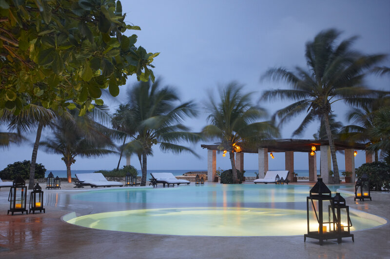 Poolside Resort at Dusk — Blue, Serene, Night, Photograph
