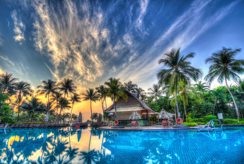 Poolside Resort at Sunset — Blue, Dramatic, Photograph