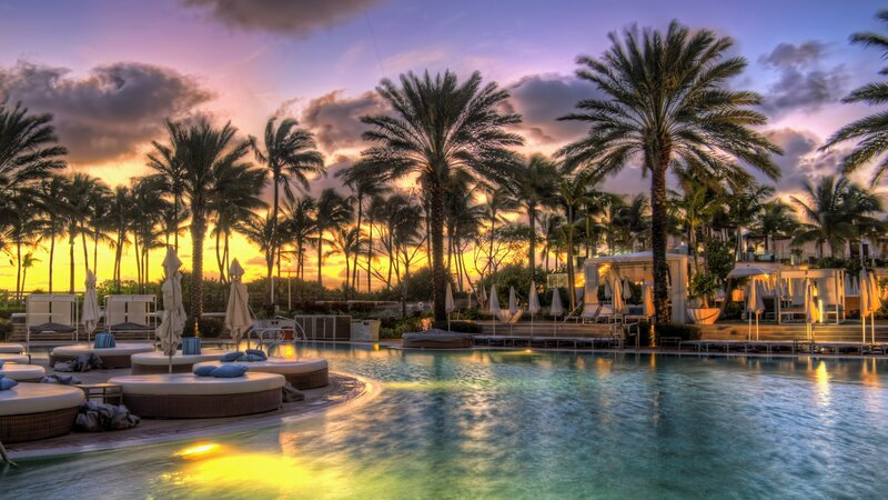 Poolside Resort at Sunset — Blue, Serene, Photograph