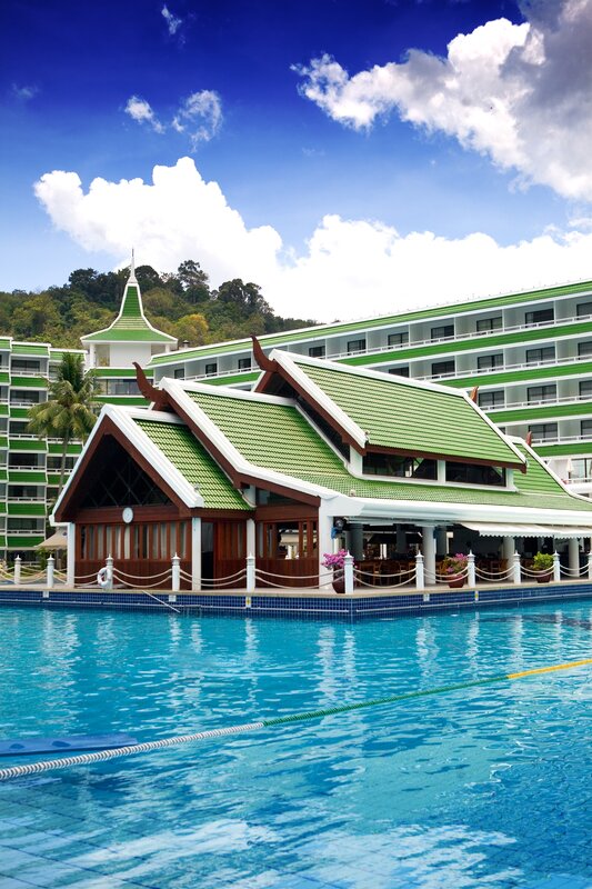 Poolside Resort Building — Blue, Serene, Afternoon