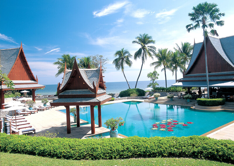 Poolside Resort View — Blue, Serene, Afternoon, Photograph