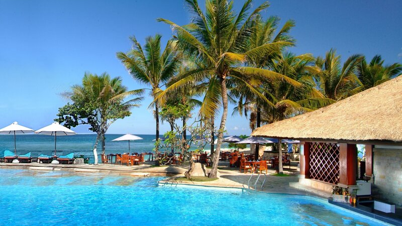 Poolside Resort View — Blue, Serene, Afternoon