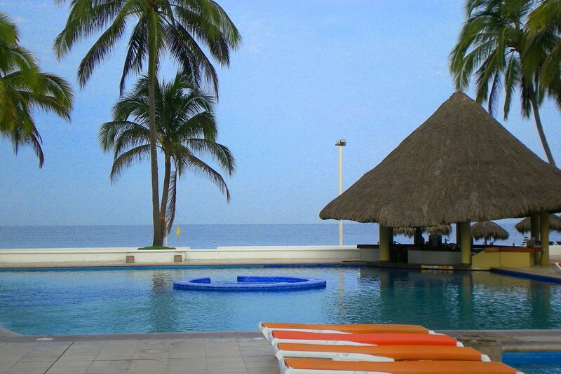 Poolside Resort View — Blue, Serene, Morning