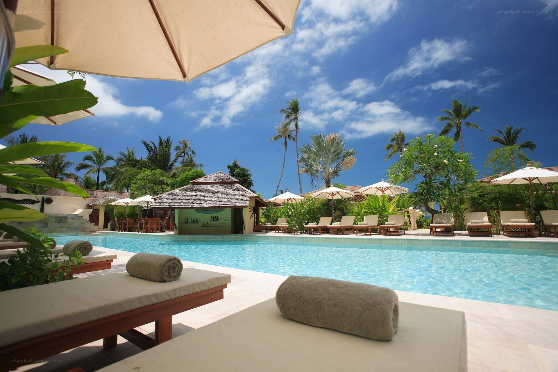 Poolside resort with lounge chairs