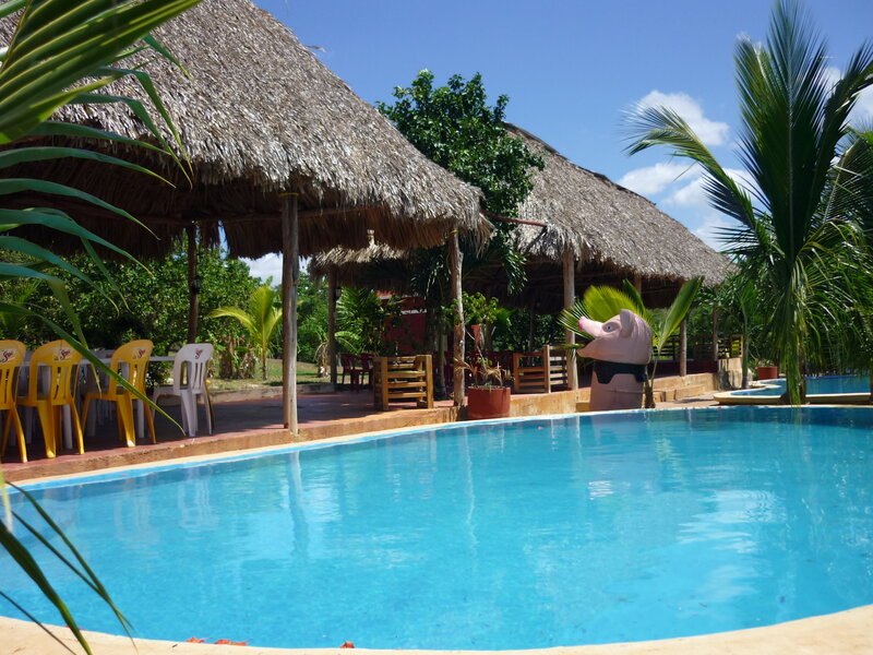 Poolside resort with thatched roofs
