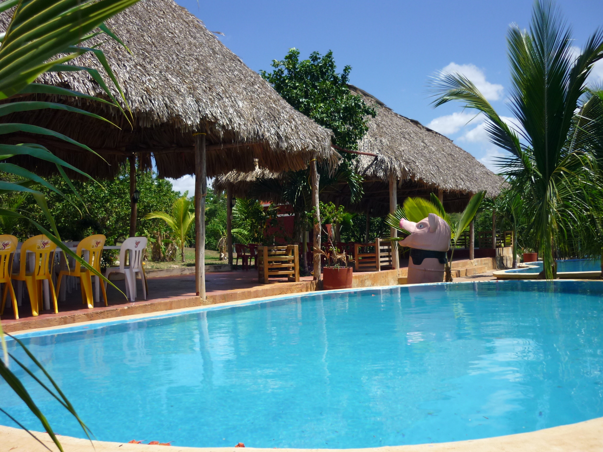 Poolside resort with thatched roofs