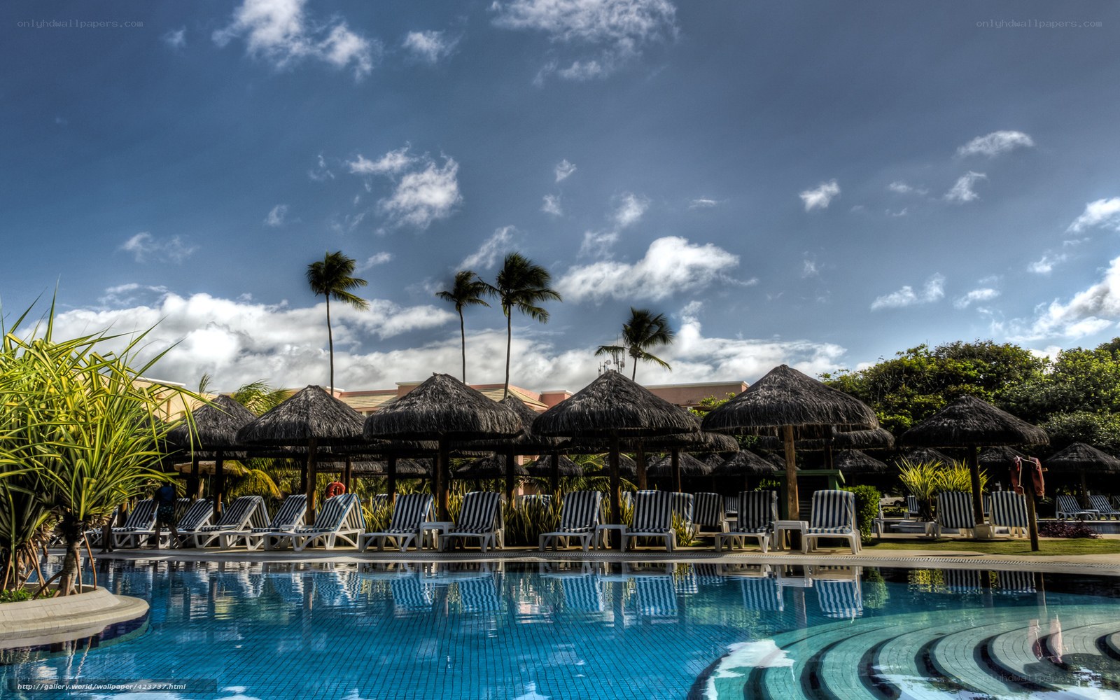 Poolside resort with thatched umbrellas