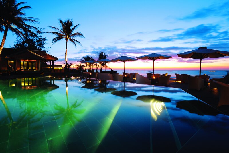 poolside sunset at resort