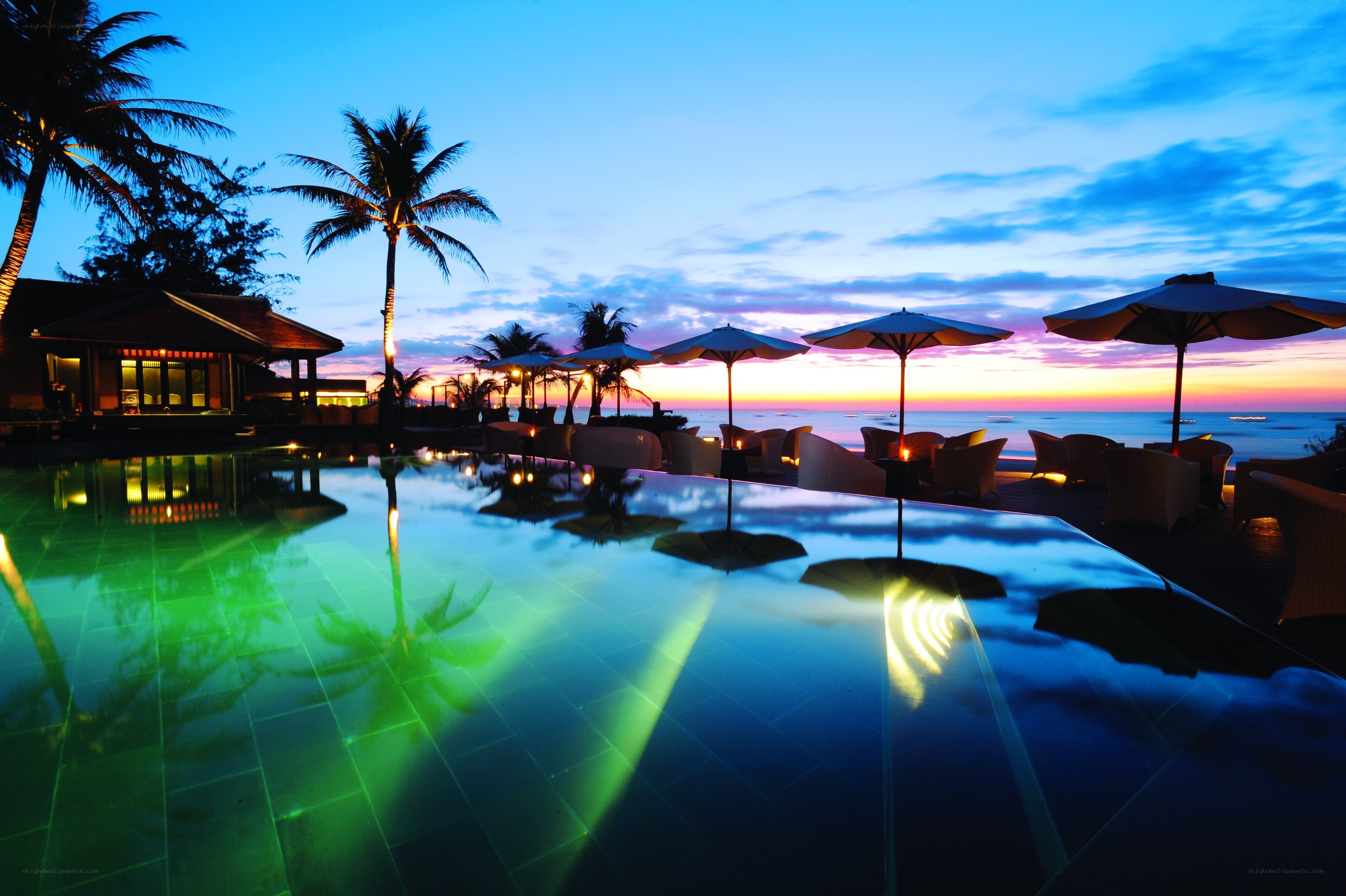 poolside sunset at resort