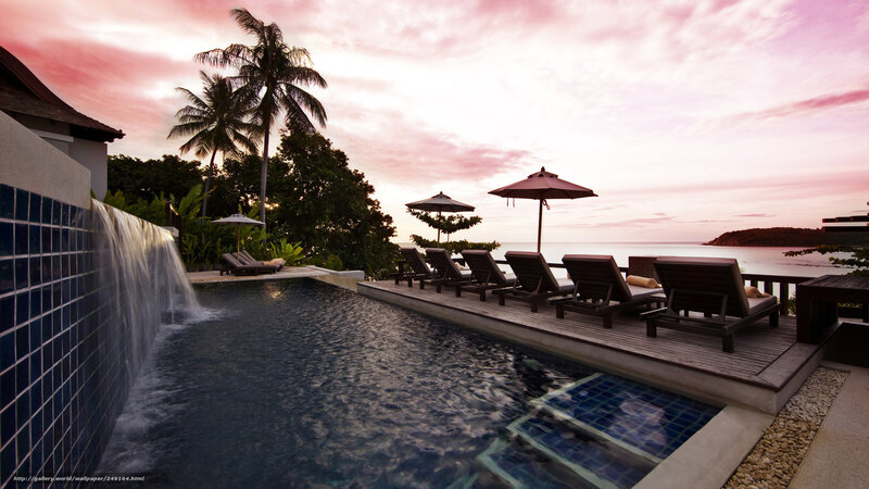 poolside sunset with waterfall