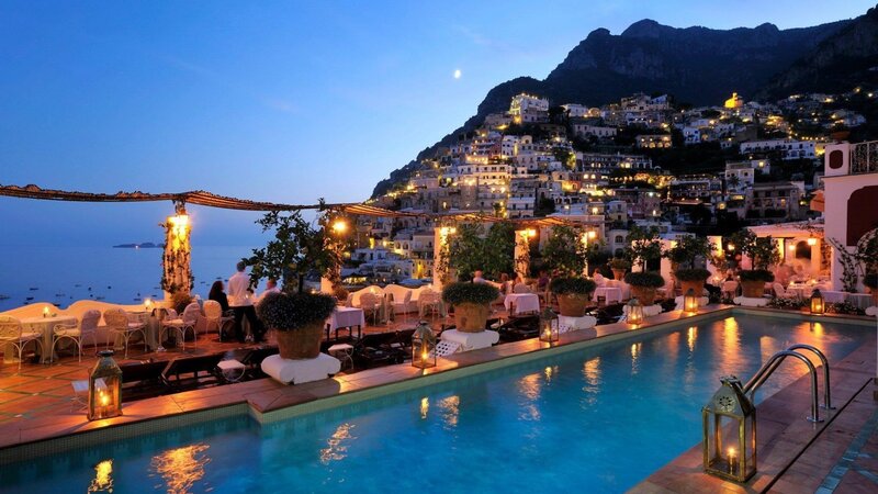 Poolside Terrace at Dusk — Blue, Serene
