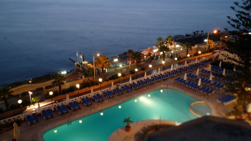 poolside view at dusk