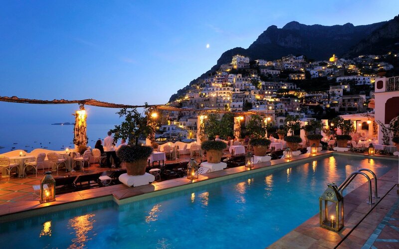 Poolside view of Amalfi Coast village
