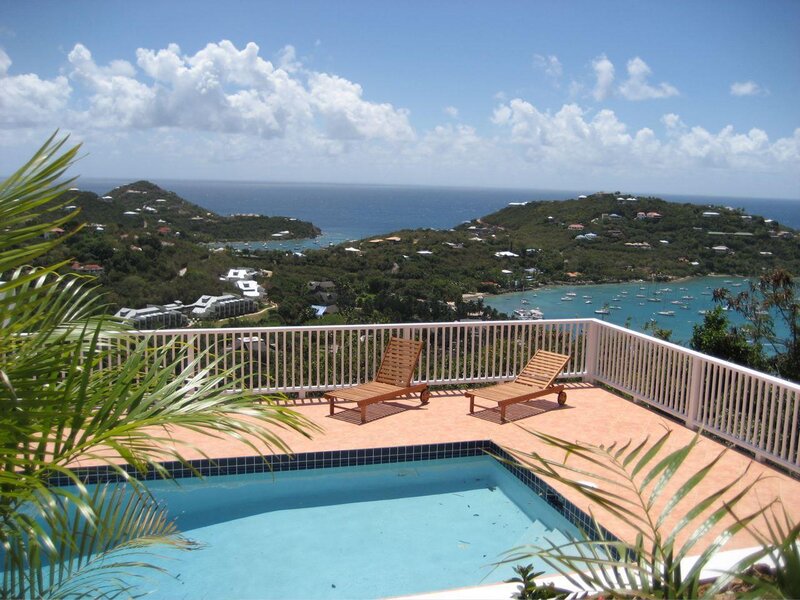 Poolside view of tropical bay