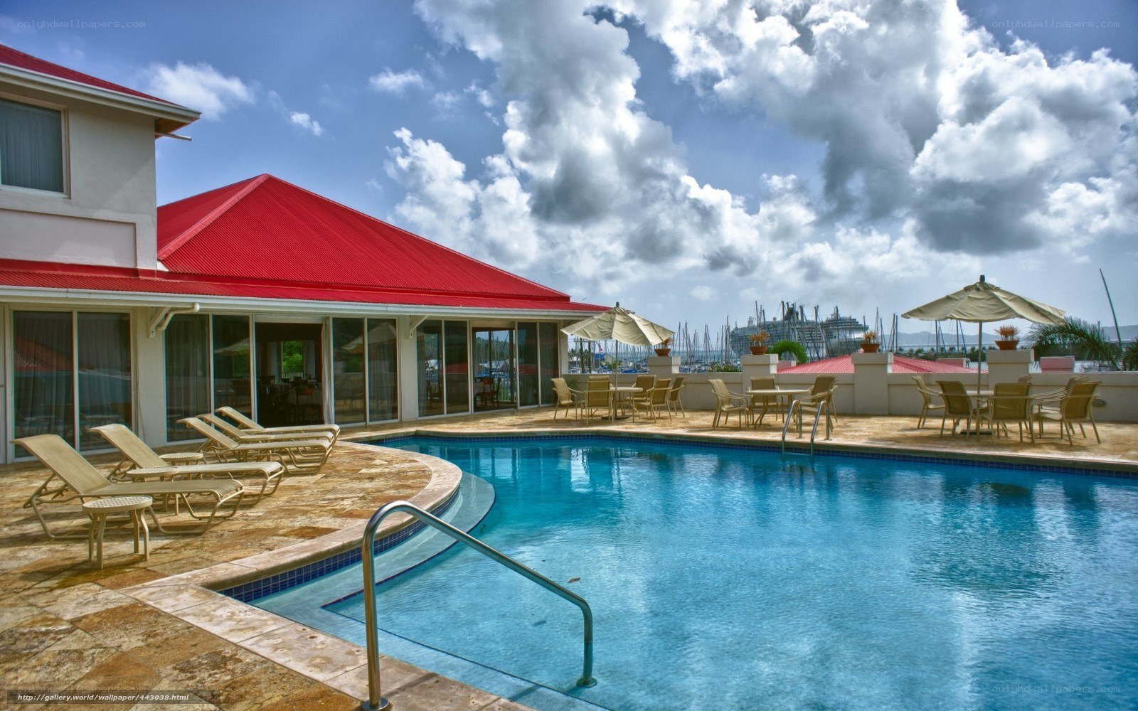 Poolside view with cruise ship