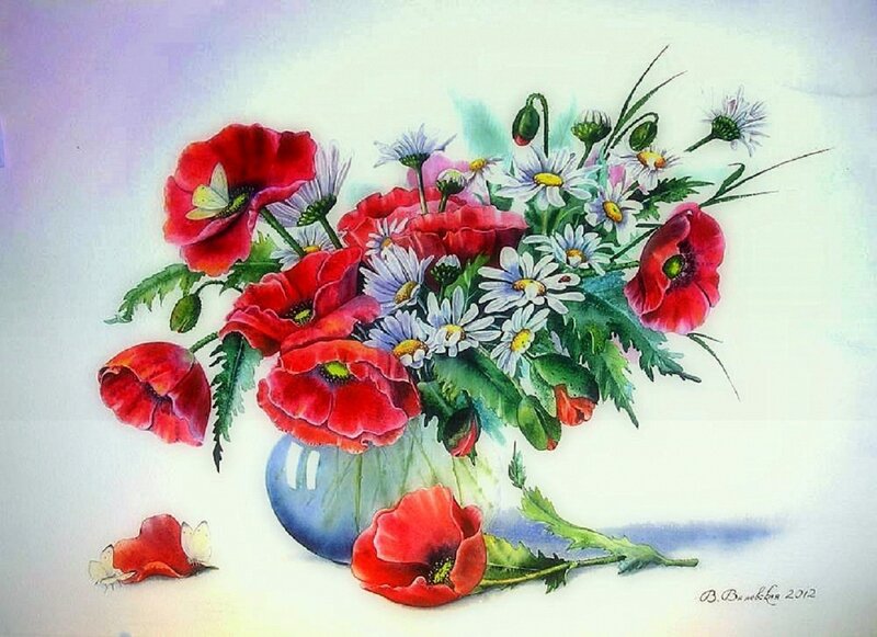 Poppies and Daisies in Vase