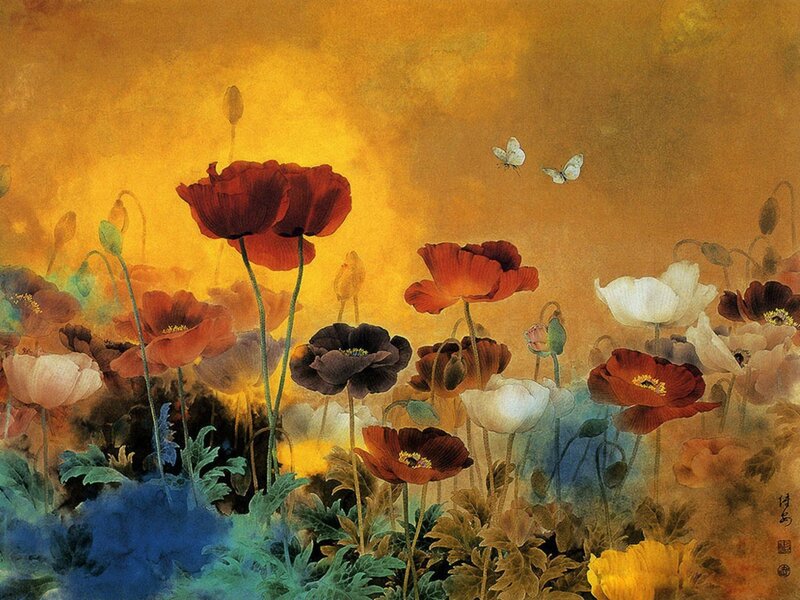 Poppies in a Field — Yellow, Serene, Sunset