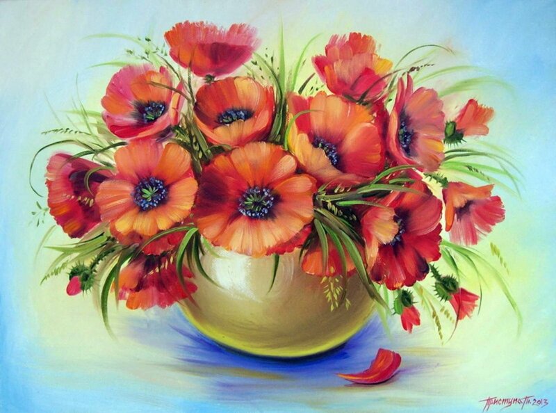 Poppies in a Vase — Red, Calm, Painting