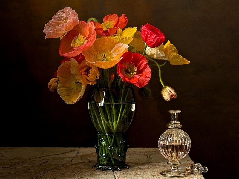 Poppies in a Vase — Red, Dramatic, Photograph, Perfume Bottle