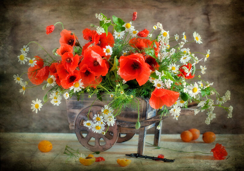 Poppies in Wooden Cart