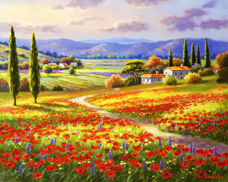 Poppy Field Landscape — Red, Serene