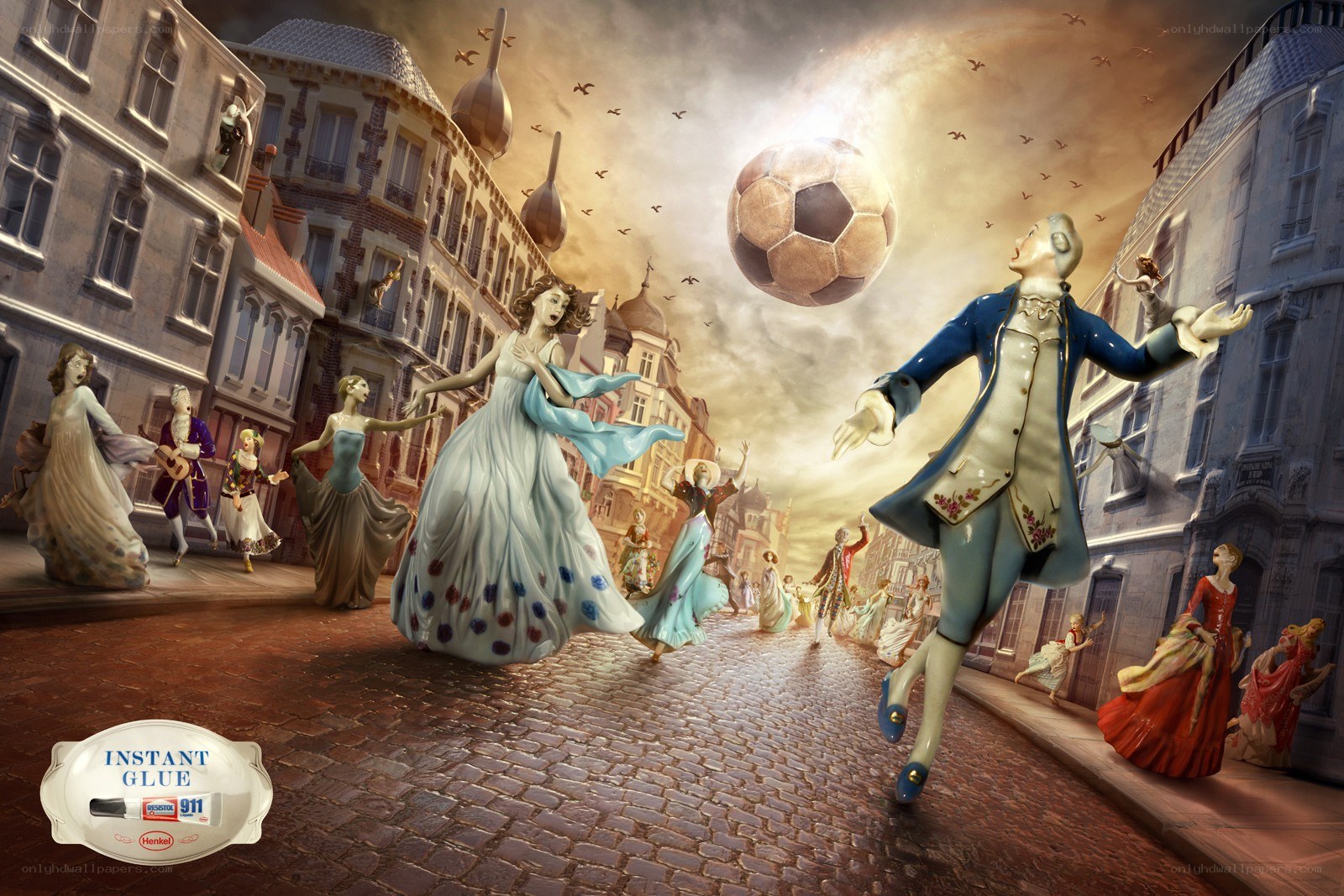 Porcelain figures in a cobblestone street