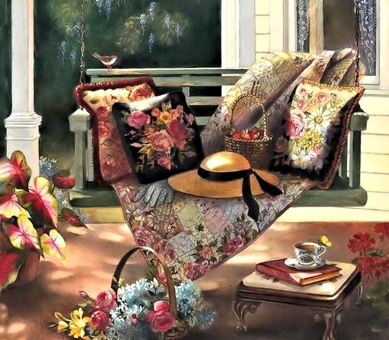 Porch Swing with Pillows — Green