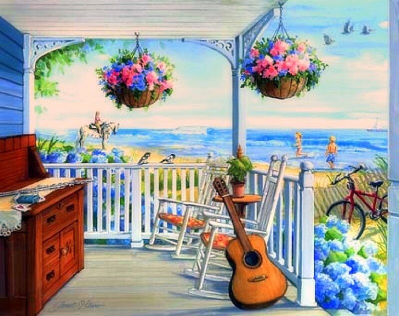 Porch with Guitar and Ocean View