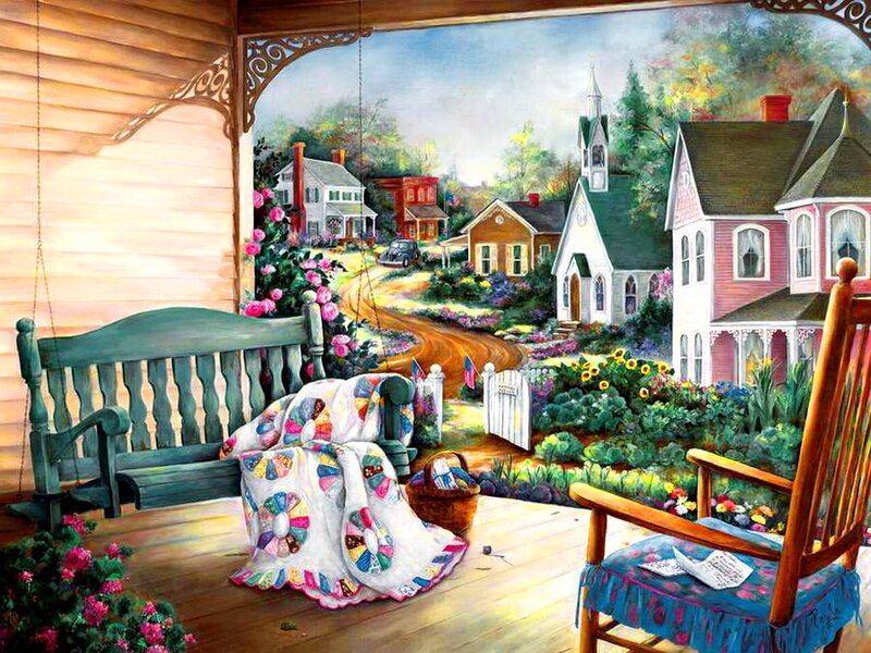 Porch with Quilt and Bench — Green
