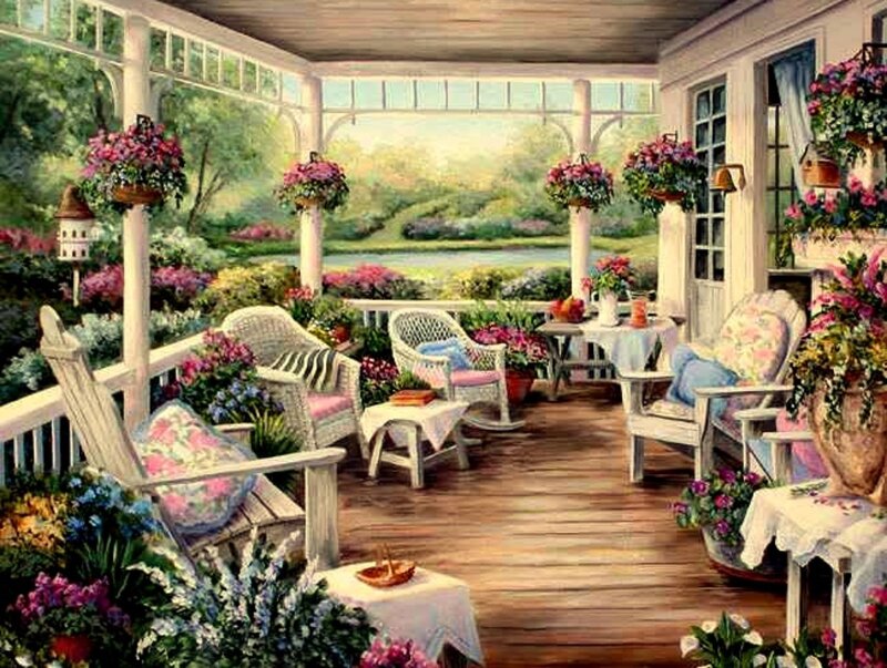 Porch with Wicker Furniture — White
