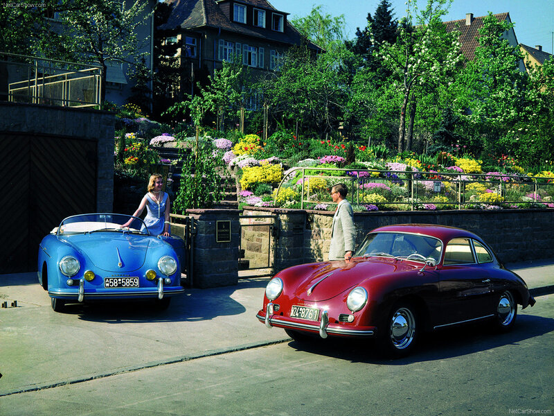 Porsche 356 cars in a garden setting