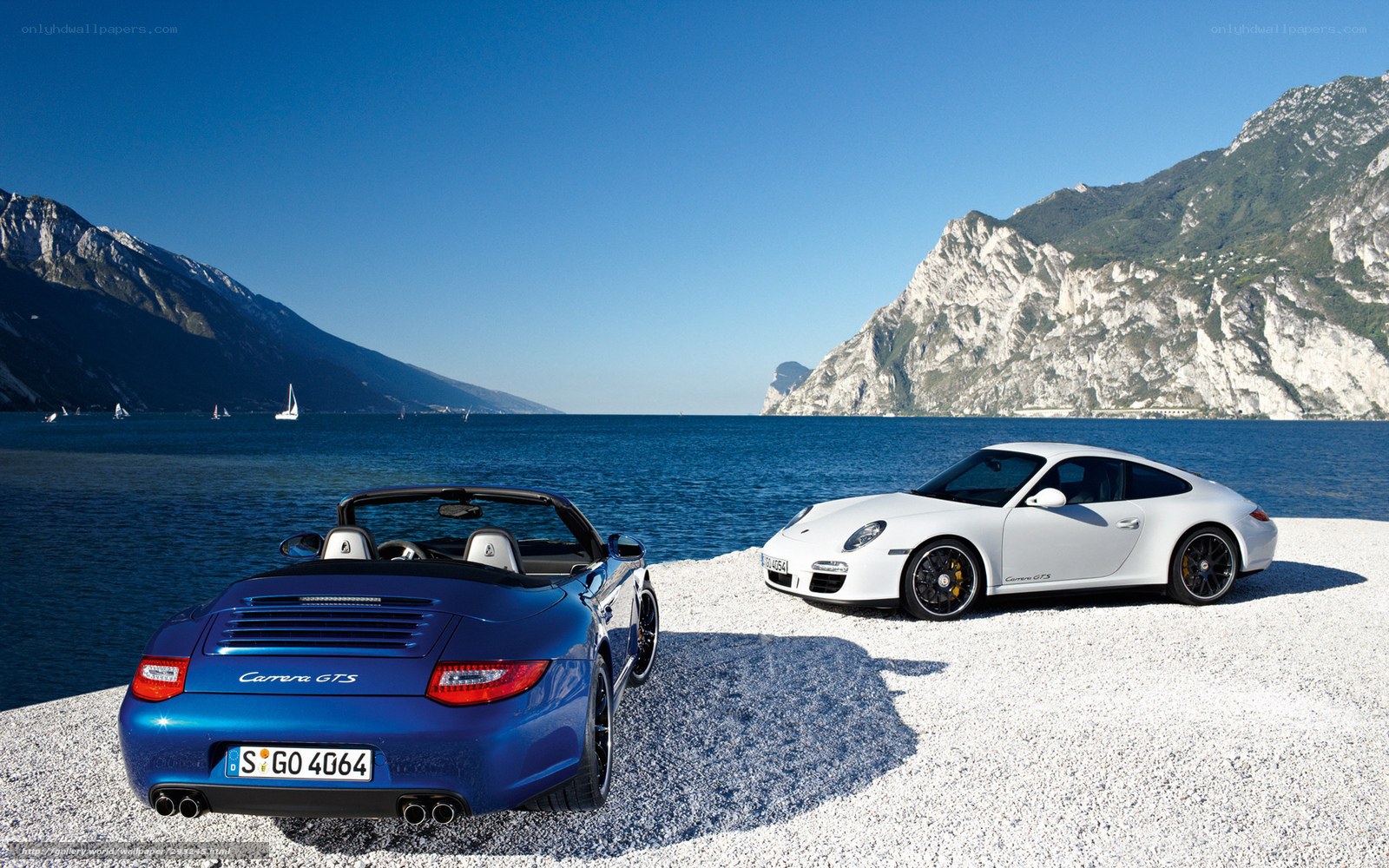Porsche cars by the lake