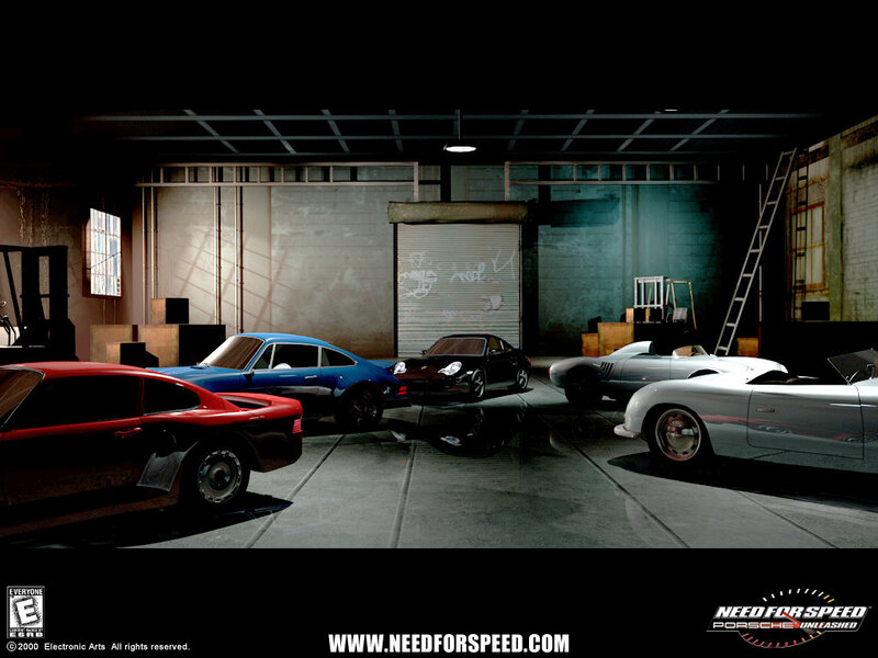 Porsche cars in a garage