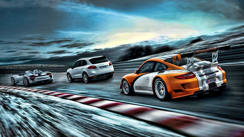 Porsche cars on a racetrack