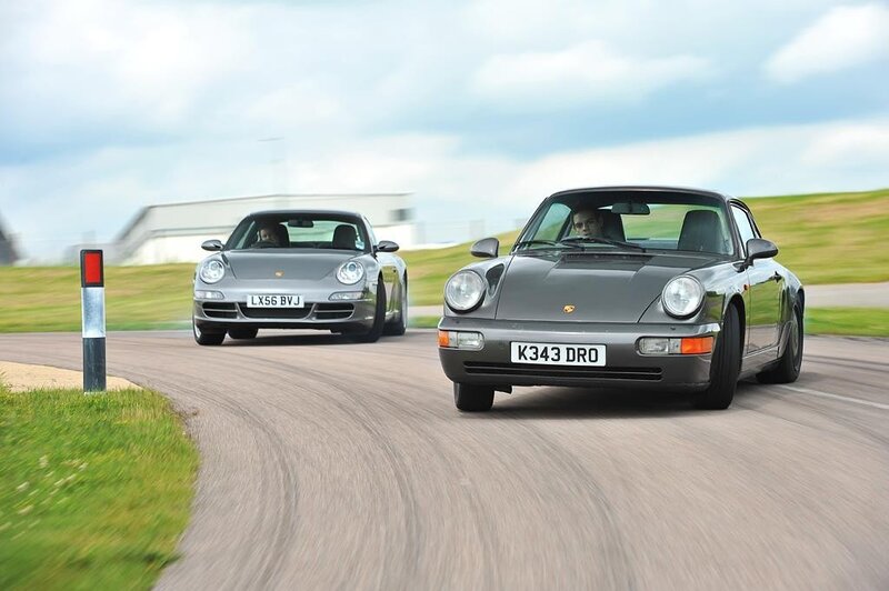 Porsche cars on a racetrack