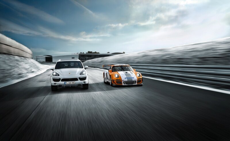 Porsche cars on a racetrack