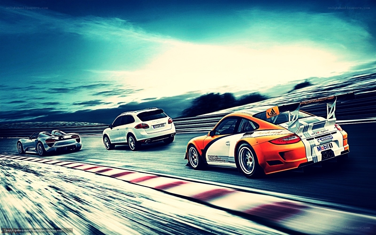 Porsche cars on a racetrack